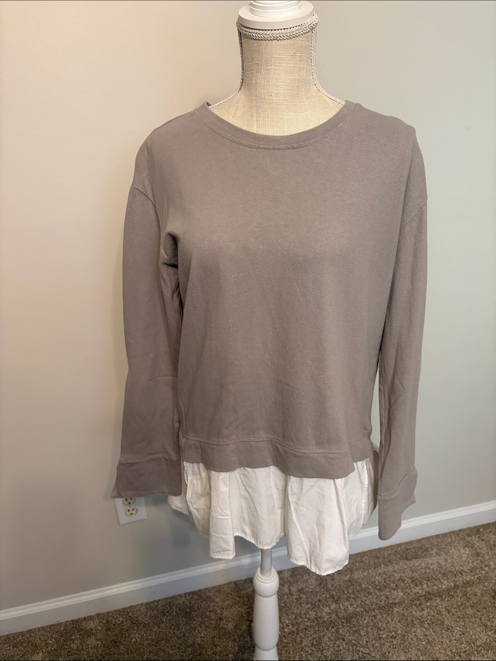 Women's Taupe Layered Pullover with White Shirt Hem